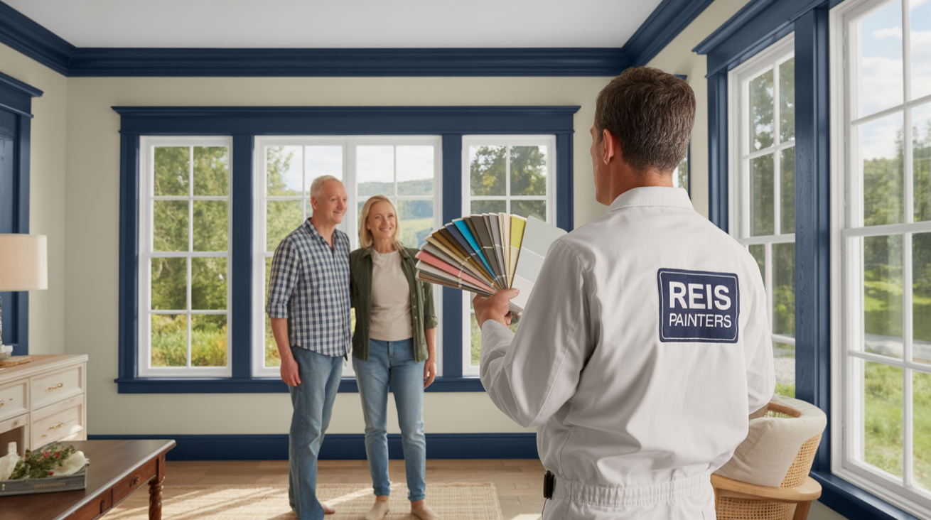 2. Contrast Trim: Bold Framing for a Modern Look “Contrast trim painting in NH” has spiked in search volume—and for good reason. Homeowners are now choosing vibrant or deep trim colors (think charcoal, navy, even cherry red) that frame walls, windows, and doors with dramatic effect. Why NH Homeowners Love It: Adds curb appeal and a custom feel to traditional homes Makes architectural features pop in older colonial houses Pairs beautifully with soft wall colors (like Sunbleached!) Pro Tip: Go bold on interior window trim in home offices or dining rooms to add depth and style.